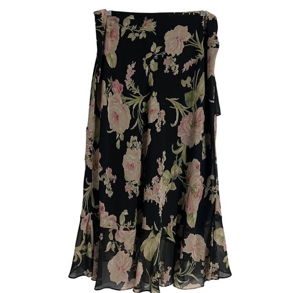 Chaps Woman’s Retro Black Pink Floral Ruffle High Low Midi Skirt- Size 10 - Picture 2 of 9